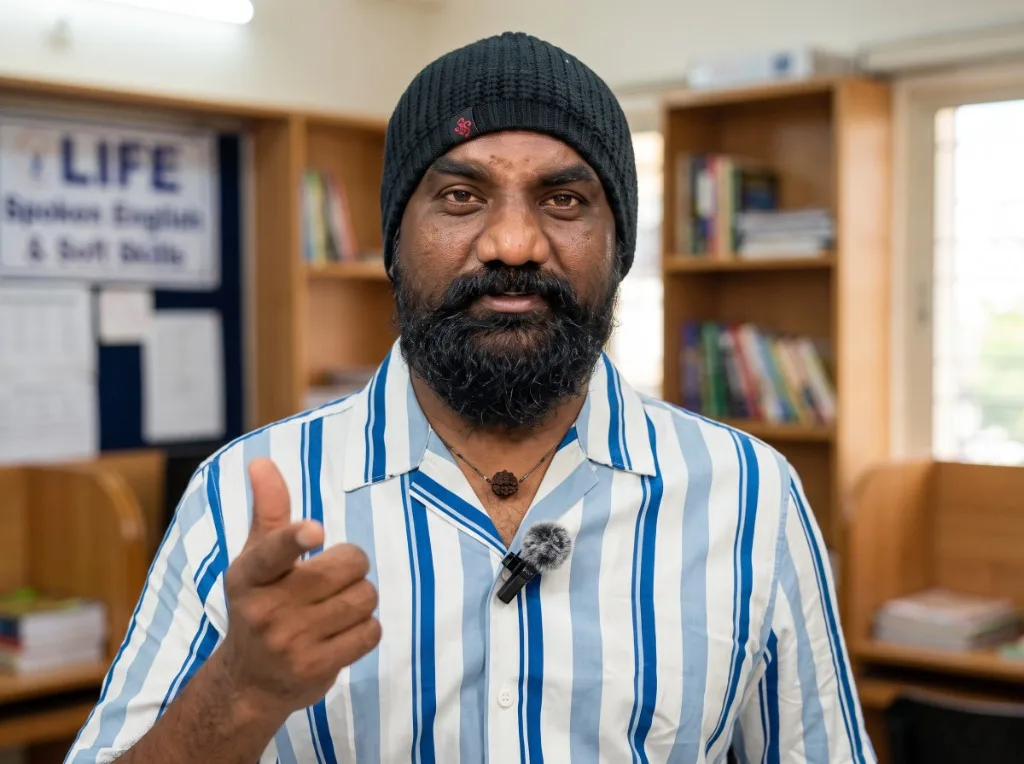 Mani Sir teaching in the LIFE Spoken English & Soft Skills classroom in Madhurawada